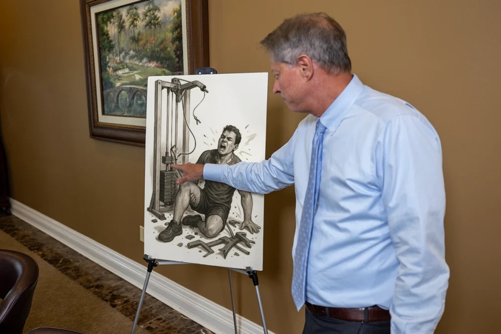 Lawyer tom mccutcheon presents an exhibit illustrating unsafe gym equipment that caused a serious fitness center injury.