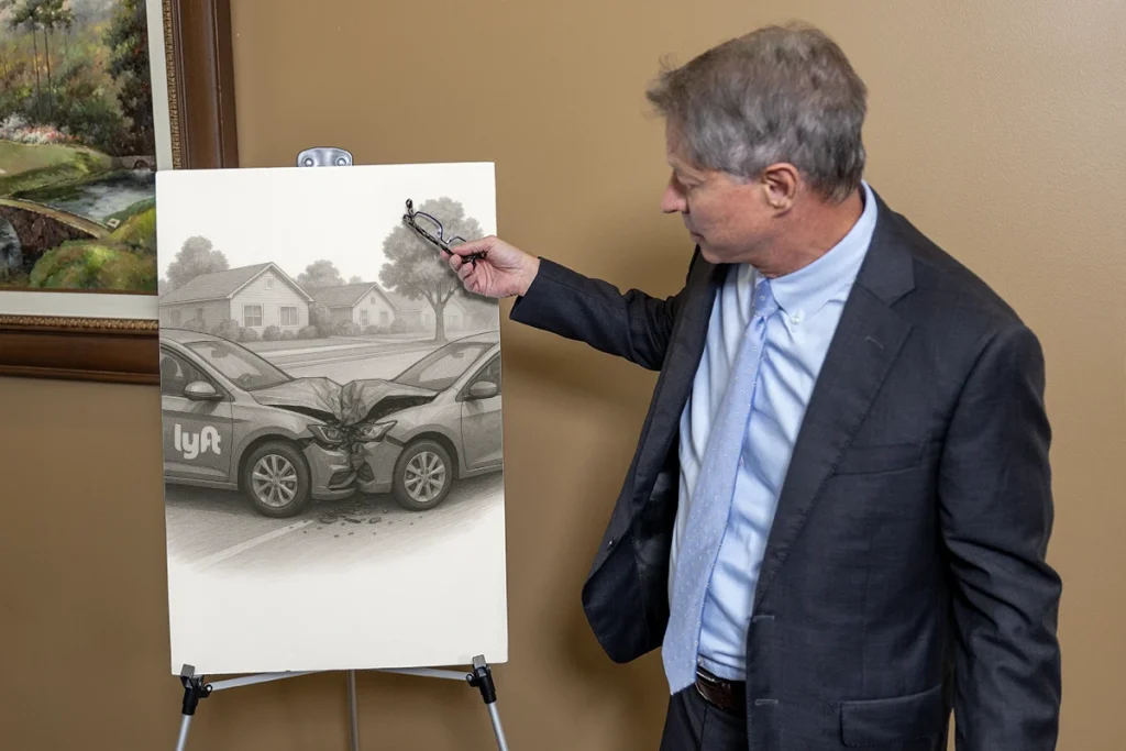 Lawyer tom mccutcheon reviews a lyft accident exhibit tracing driver logs and gps data.