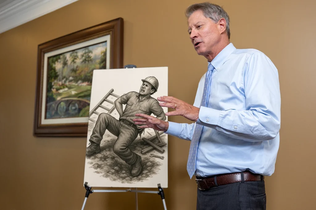 Lawyer tom mccutcheon reviews a back injury exhibit featuring mri images and medical reports.