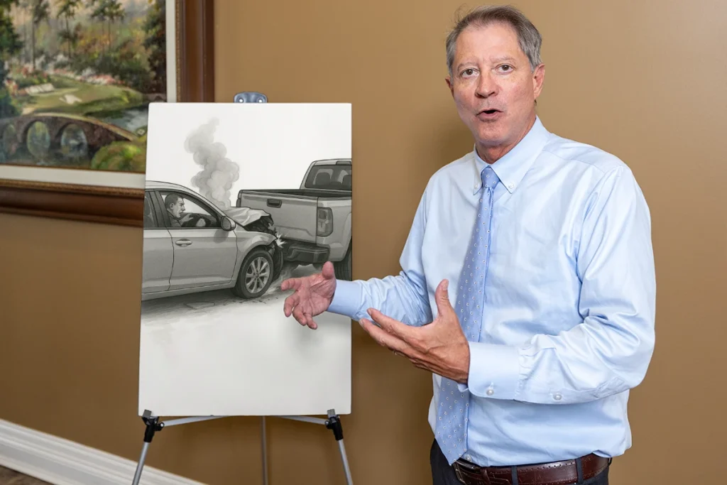 Lawyer tom mccutcheon reviews a brake failure exhibit highlighting mechanical inspections and brake line evidence.