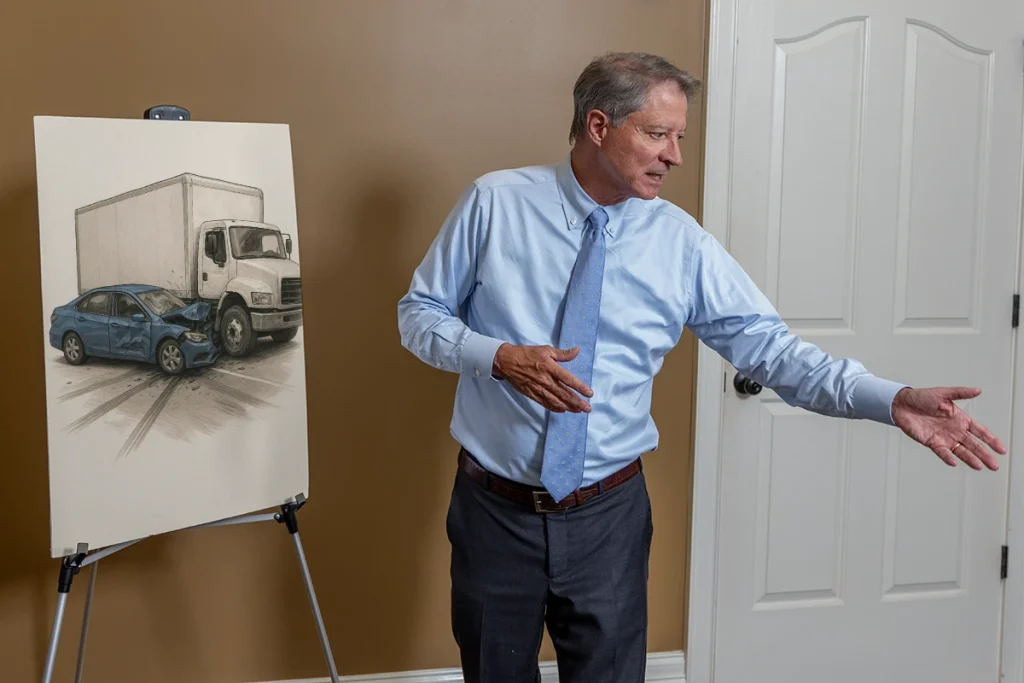 Lawyer tom mccutcheon reviews a delivery truck accident exhibit with traffic cam images and impact diagrams.