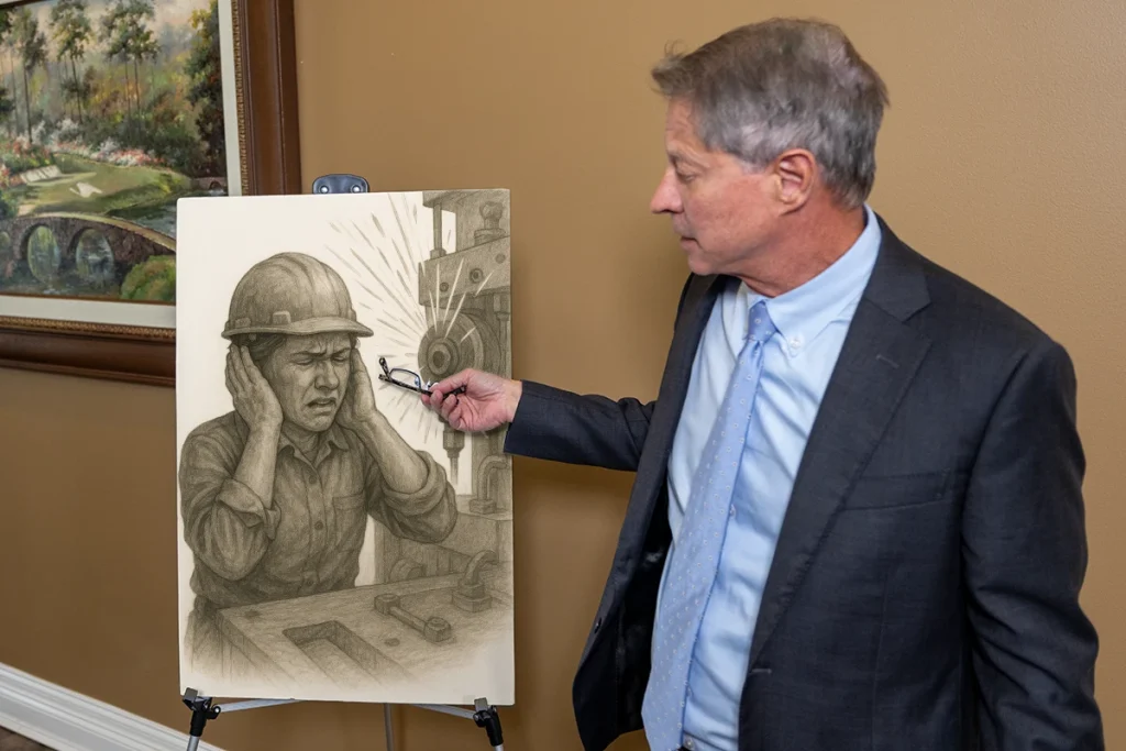 Lawyer tom mccutcheon reviews a hearing loss exhibit with audiology test results and workplace noise.