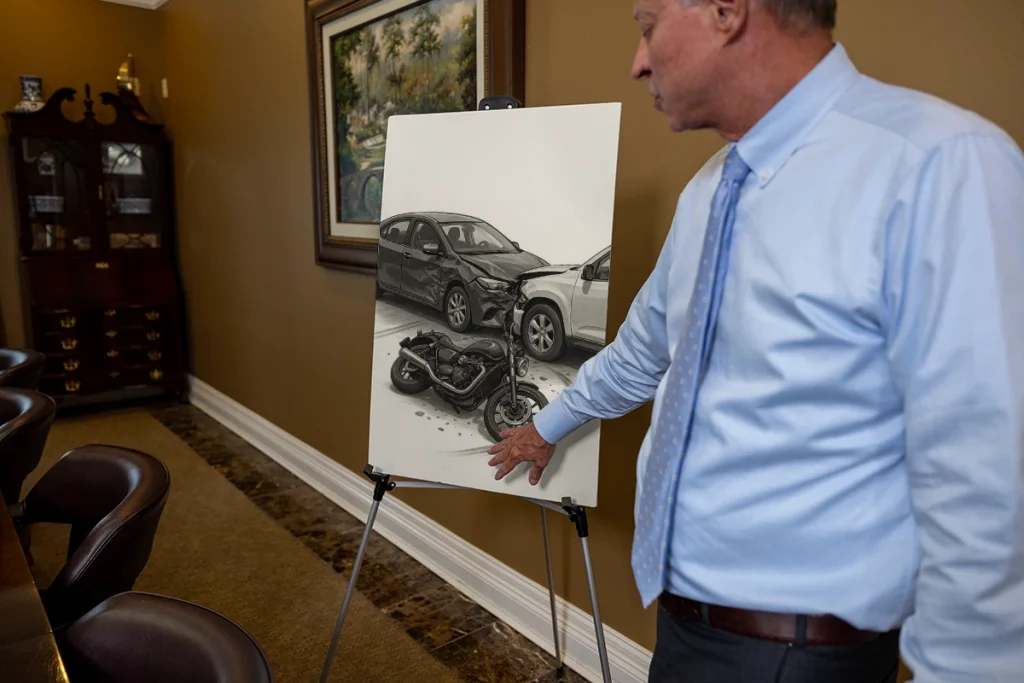 Lawyer tom mccutcheon reviews a motorcycle accident exhibit illustrating road hazards and impact points.