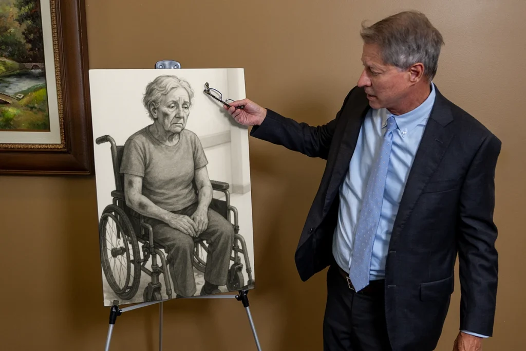 Lawyer tom mccutcheon reviews a nursing home exhibit documenting neglect and staffing records.