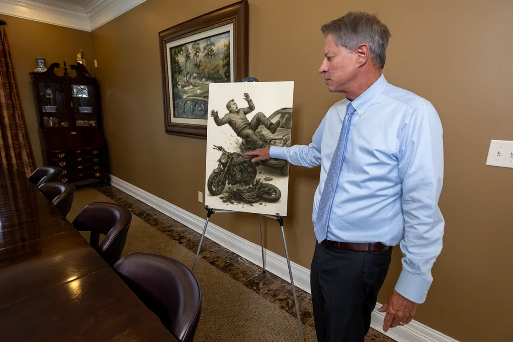 Lawyer tom mccutcheon reviews a paralysis injury exhibit featuring spinal cord imaging and mobility assessments.