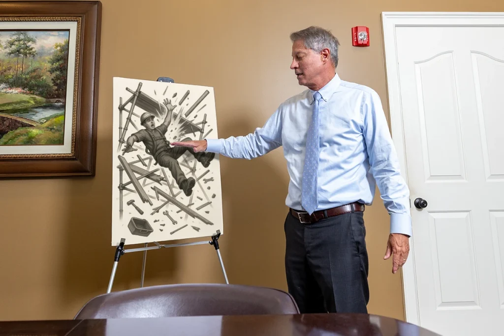 Lawyer tom mccutcheon reviews a scaffolding accident exhibit focusing on structural safety violations.