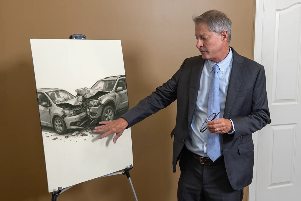 Lawyer tom mccutcheon reviews a severe injury exhibit with hospital records and long term care projections.