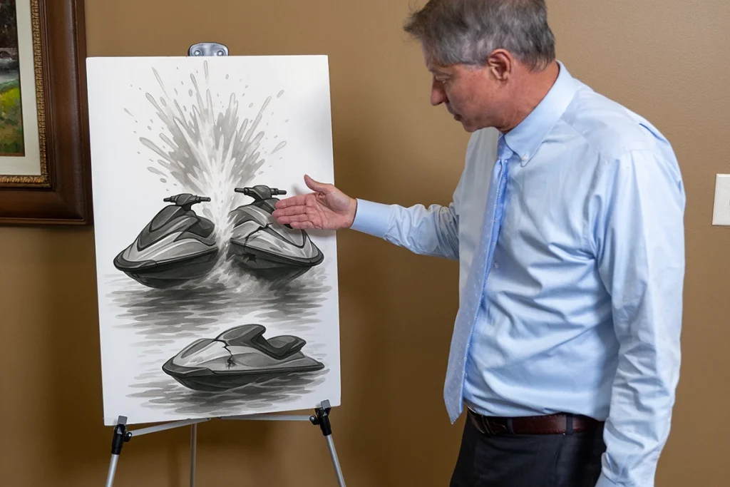 Lawyer tom mccutcheoon discusses a court room exhibit of a jet ski accident.