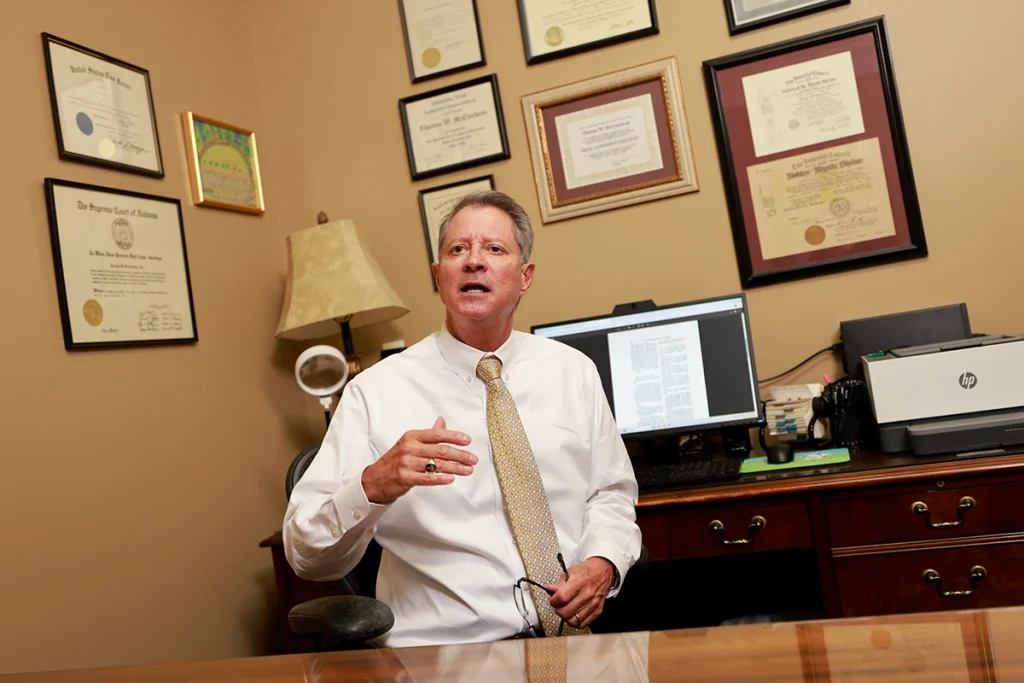 Lawyers tom mccutcheon and joel hamner evaluate autonomous car sensor data for a crash lawsuit.