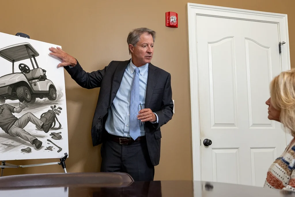 Personal injury attorney tom mccutcheon consults with a client about a golf cart accident case.