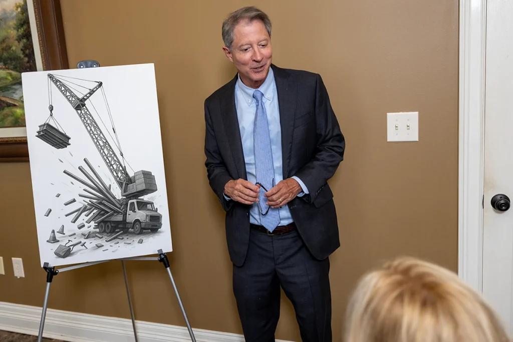 Personal injury attorney tom mccutcheon discusses a crane accident lawsuit with a client.