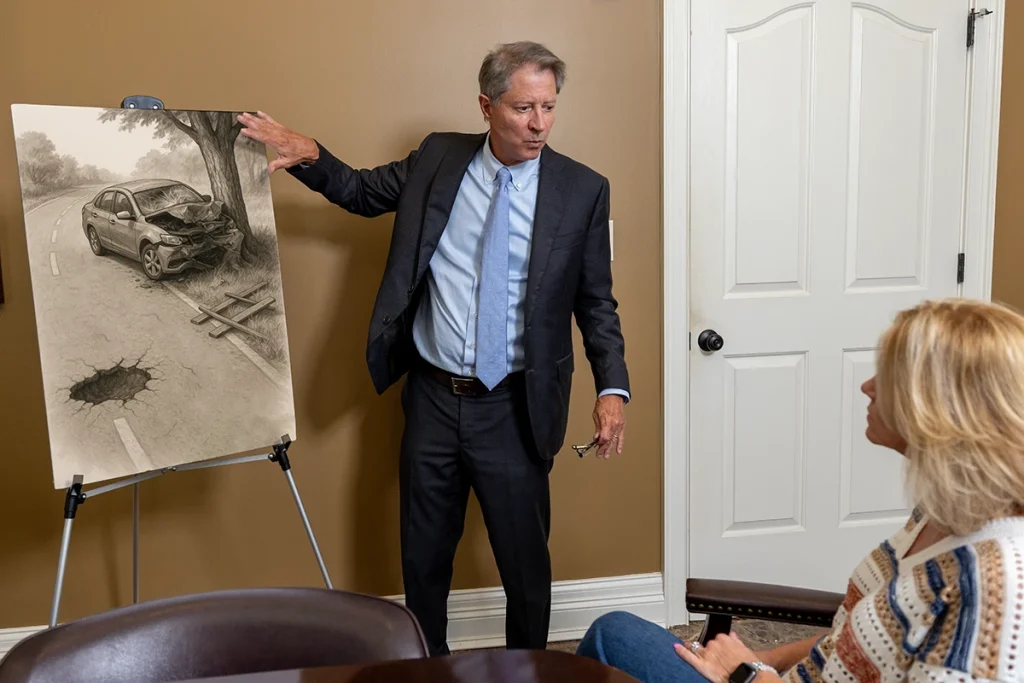 Personal injury attorney tom mccutcheon discusses a dangerous road conditions case with a client.
