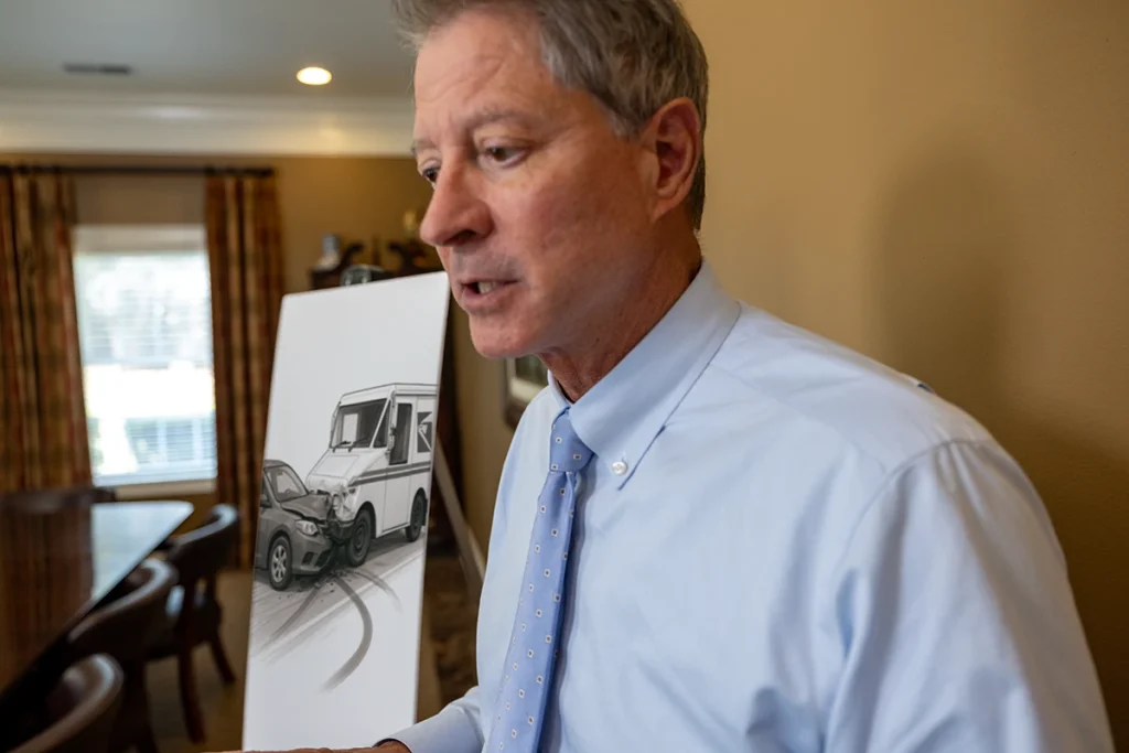 Personal injury attorney tom mccutcheon meets with a client to discuss a usps mail truck accident claim.