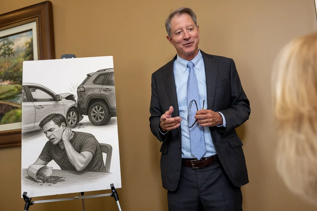 Personal injury attorney tom mccutcheon meets with a client to examine a neck injury claim.
