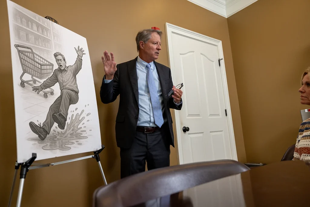 Personal injury attorney tom mccutcheon meets with a client to review a premises liability injury case.