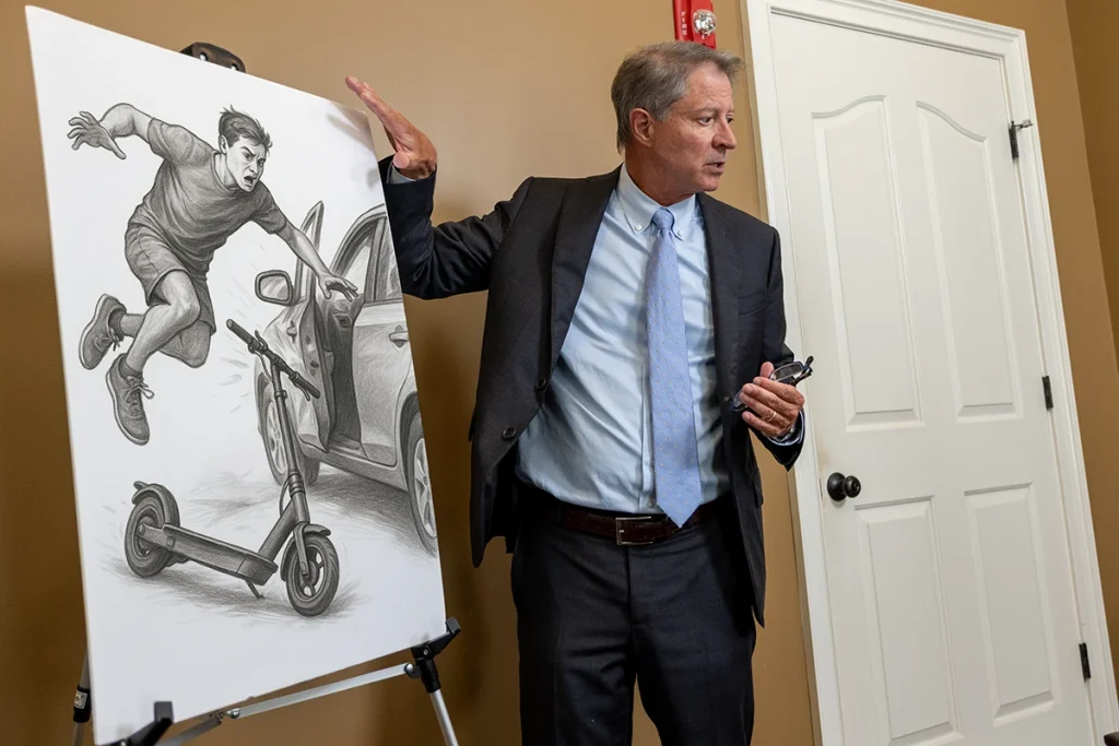 Personal injury attorney tom mccutcheon reviews a scooter accident case with a client.