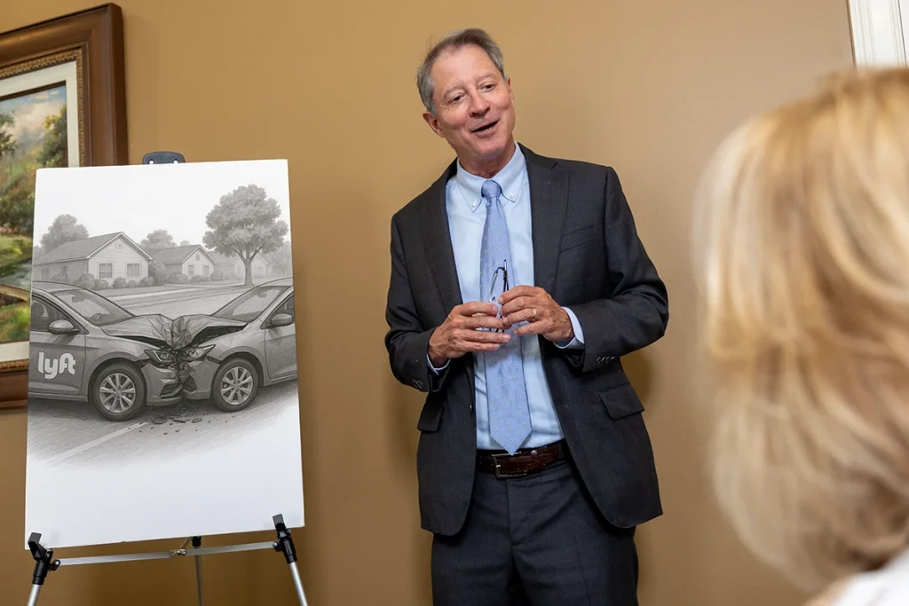 Personal injury attorney tom mccutcheon talks with a client about a lyft accident claim.