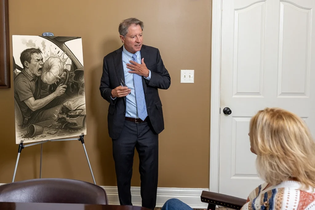 Personal injury attorney tom mccutcheon talks with a client about a defective airbag case.