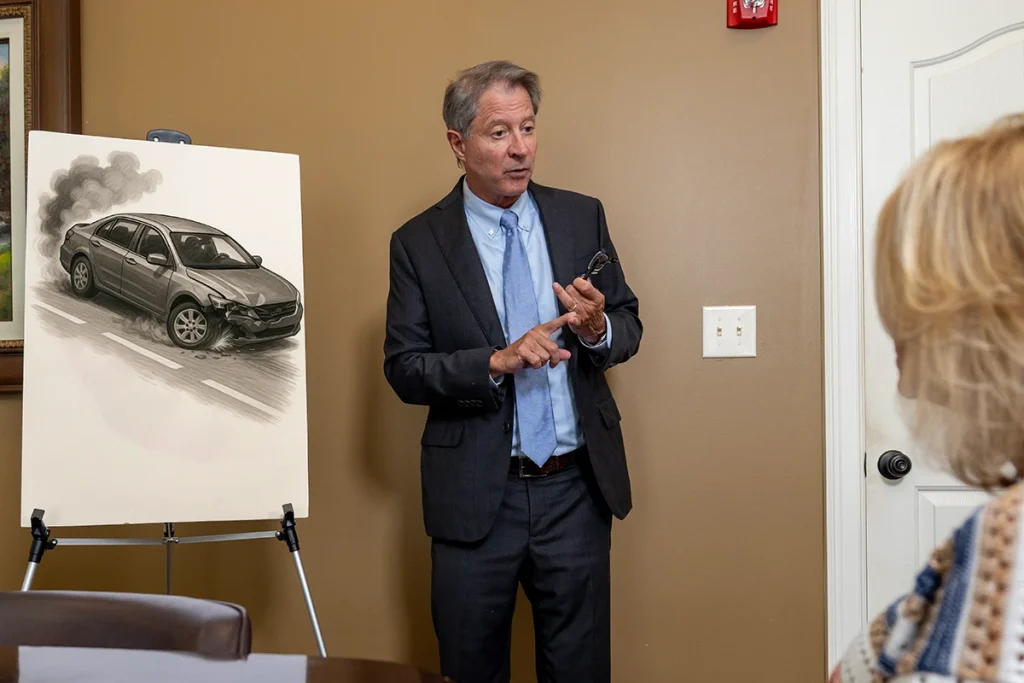 Personal injury attorney tom mccutcheon talks with a client about a defective tire claim.