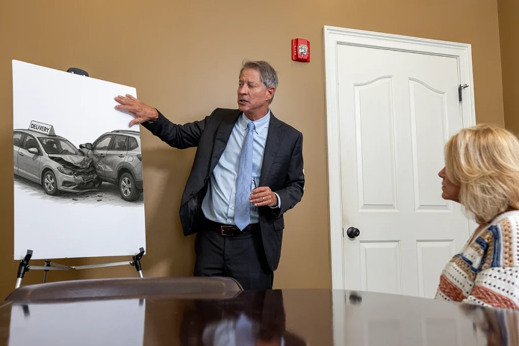 Personal injury attorney tom mccutcheon talks with a client about a food delivery accident case.