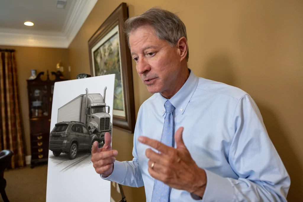 Personal injury attorney tom mccutcheon talks with a client about a truck accident lawsuit.