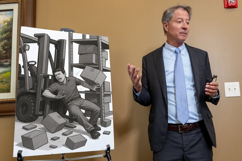 Personal injury attorney tom mccutcheon talks with a client about a workplace accident case.