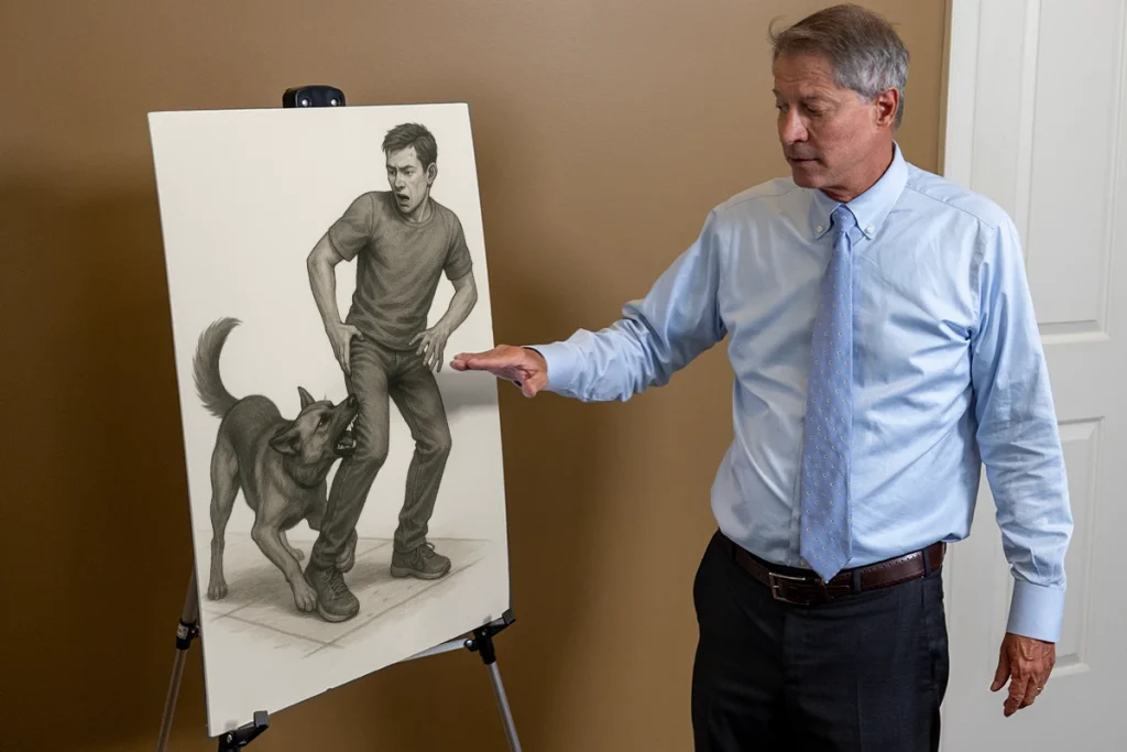Thomas mccutcheon reivews an exhibit for a dog bite trial.