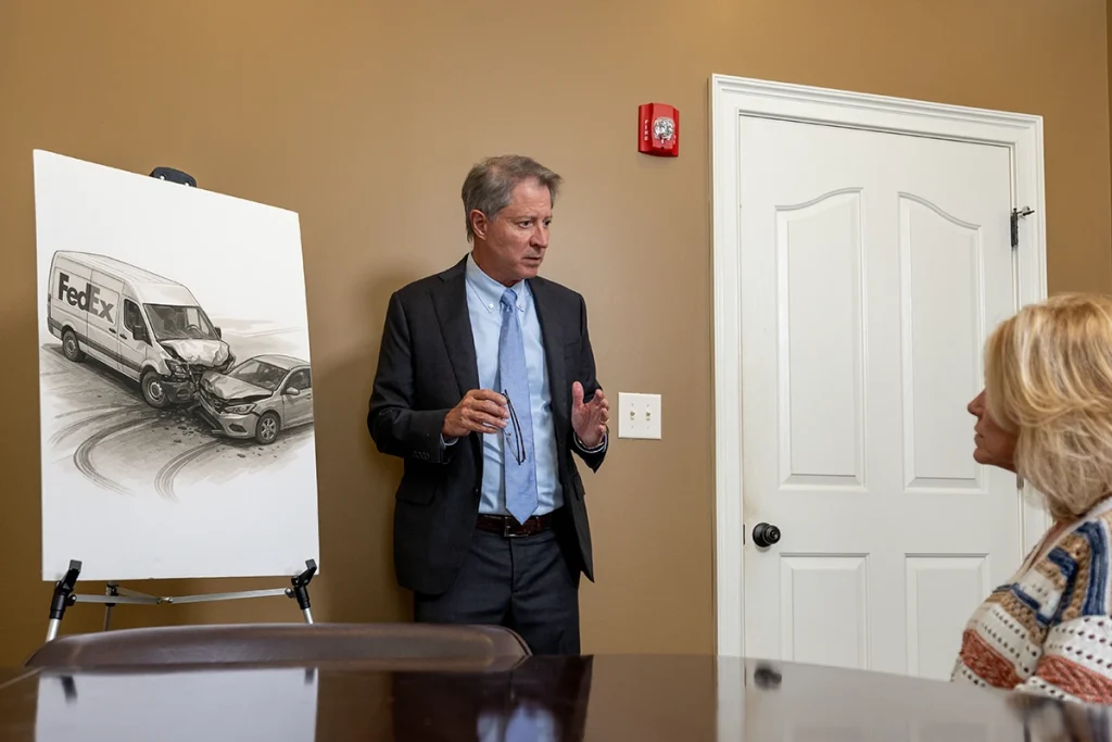 Tom mccutcheon consults with a client about a fedex delivery accident claim.