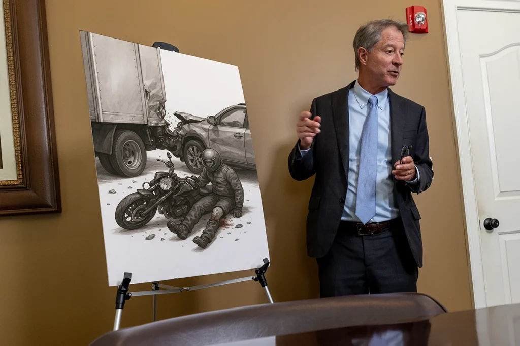 Tom mccutcheon consults with a client about a serious amputation injury case during a private conference room meetin.