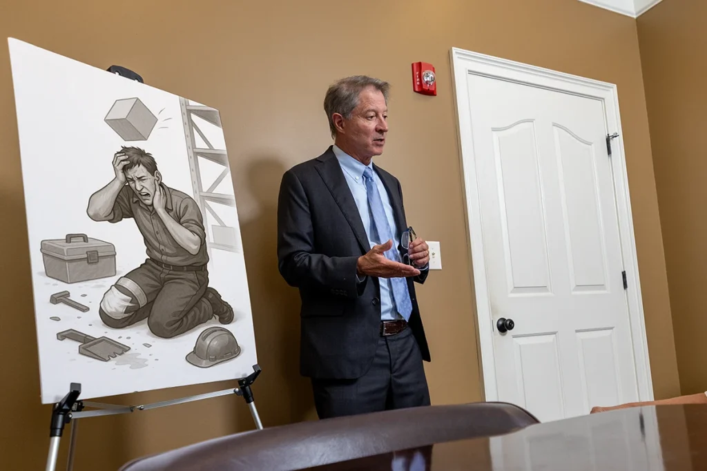 Tom mccutcheon consults with a client about a traumatic brain injury case in the mccutcheon & hamner conference room.