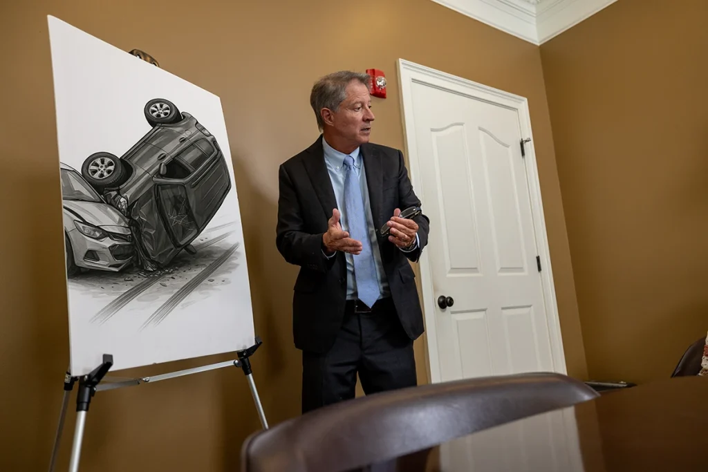 Tom mccutcheon consults with a client to review a rollover accident claim.