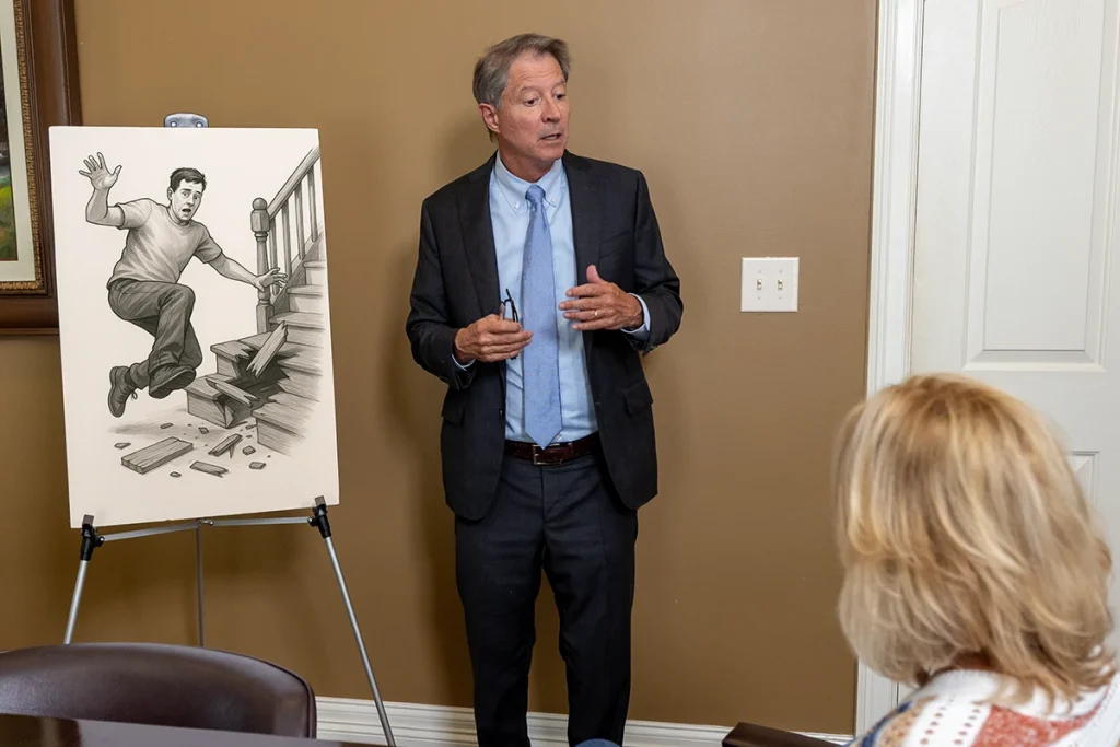 Tom mccutcheon discusses a defective staircase injury case with a client in the firm’s conference room.