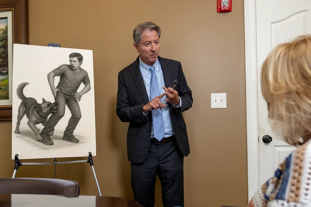 Tom mccutcheon discusses a dog bite and dog attack case with a client in the conference room.