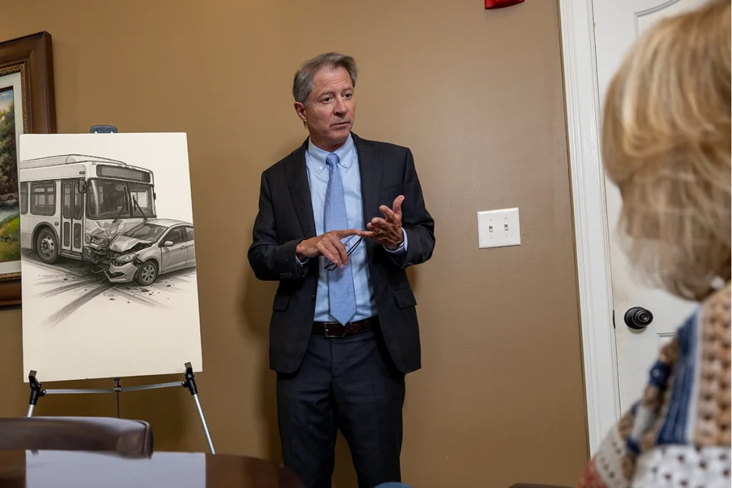 Tom mccutcheon discusses details of a bus accident case with a client in the firm’s conference room.