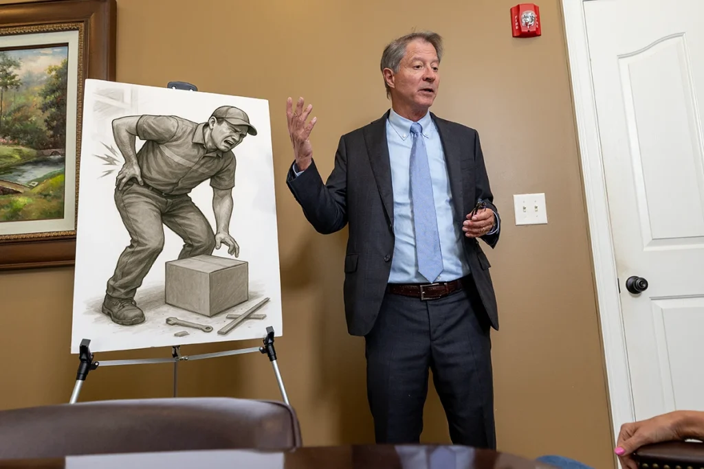 Tom mccutcheon meets with a client to evaluate a workers’ compensation claim.