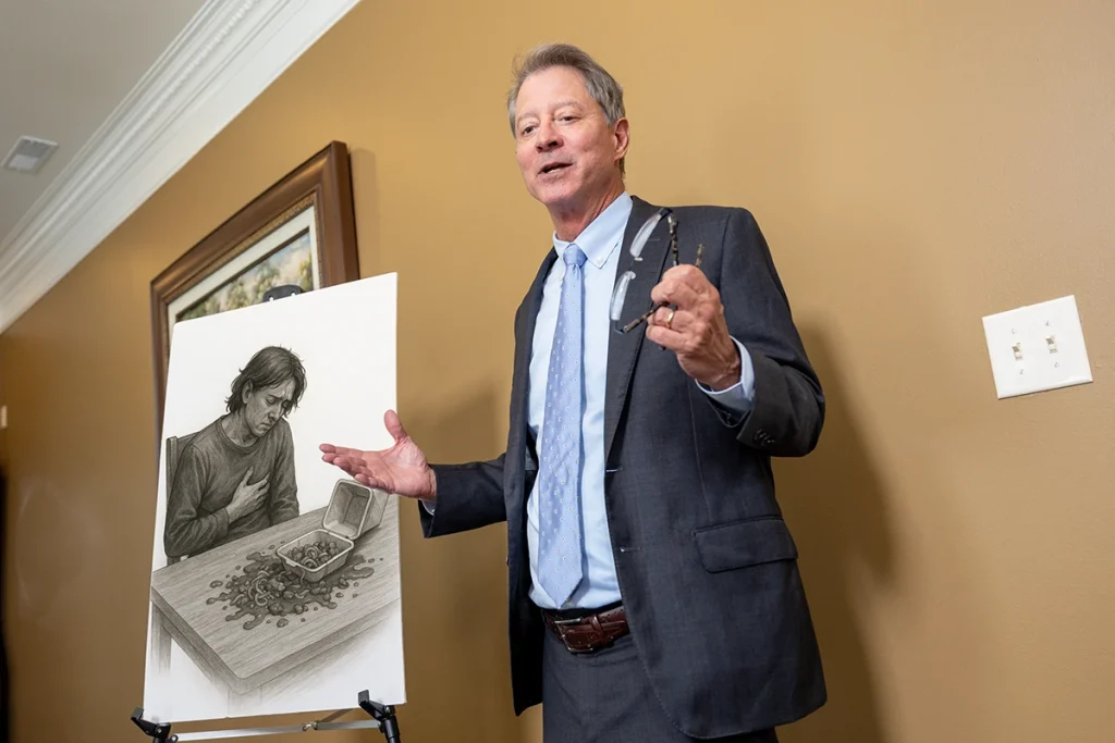 Tom mccutcheon meets with a client to review a food poisoning case.