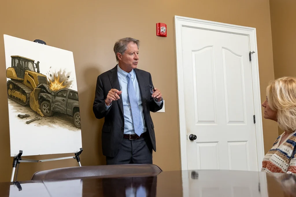 Tom mccutcheon meets with a client to review a heavy machinery accident claim.