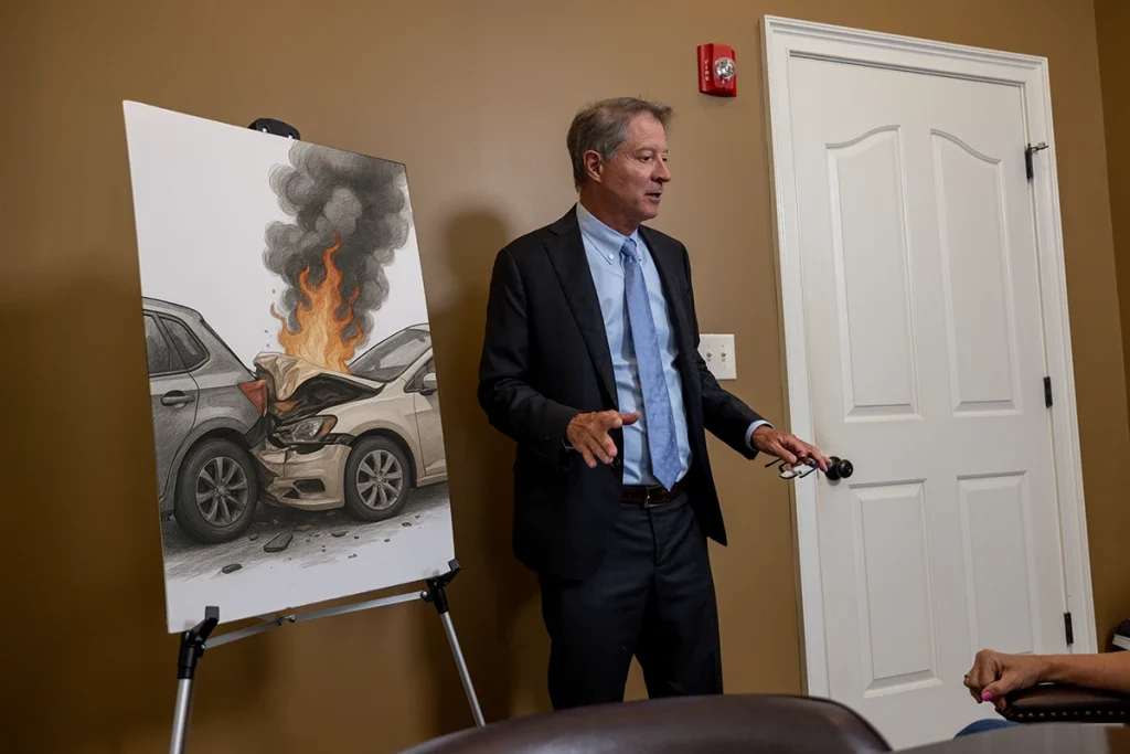 Tom mccutcheon meets with a client to review treatment details for a burn injury lawsuit.