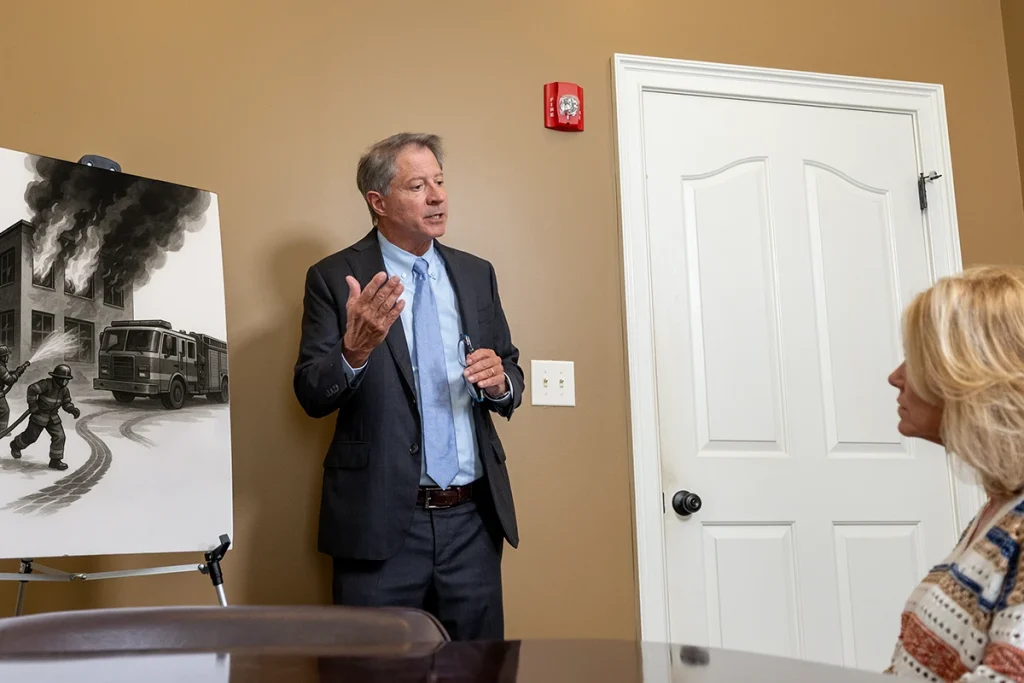 Tom mccutcheon reviews a fire related accident claim with a client in the conference room.