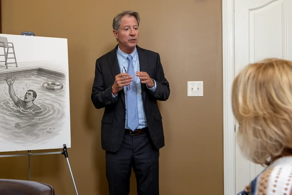 Tom mccutcheon reviews evidence with a client regarding a drowning accident case.