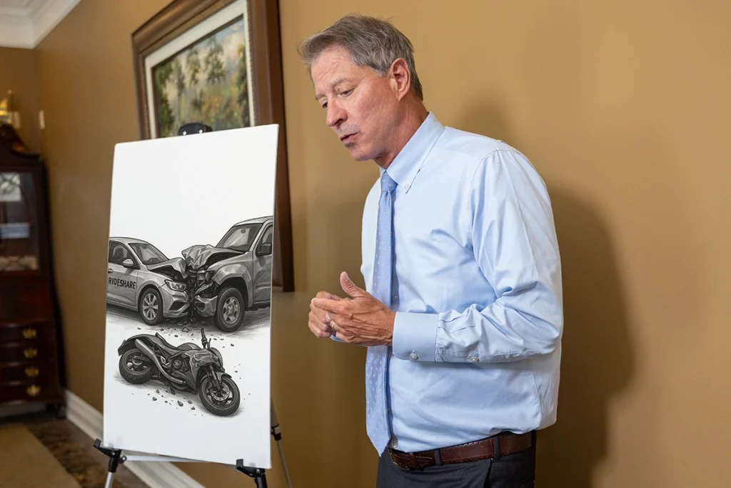 Tom mccutcheon talks with a client about a combined rideshare and food delivery accident lawsuit.