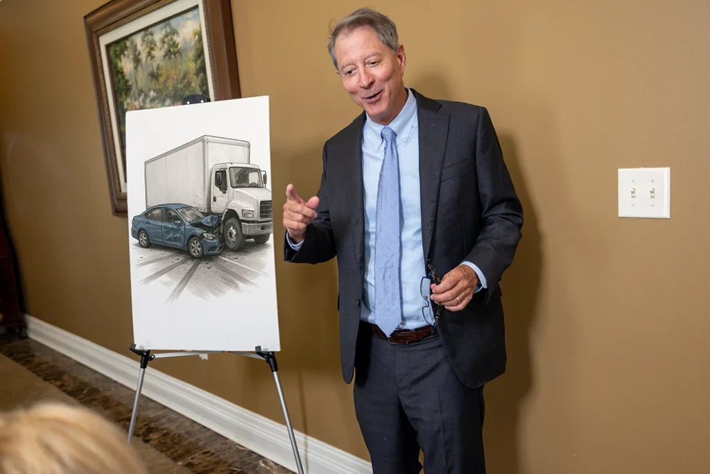 Tom mccutcheon talks with a client about a delivery truck accident lawsuit in the conference room.