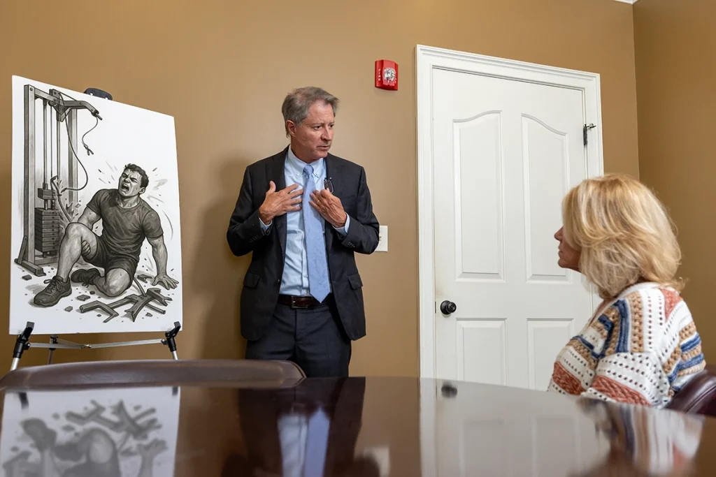 Tom mccutcheon talks with a client about a gym and fitness center injury claim.