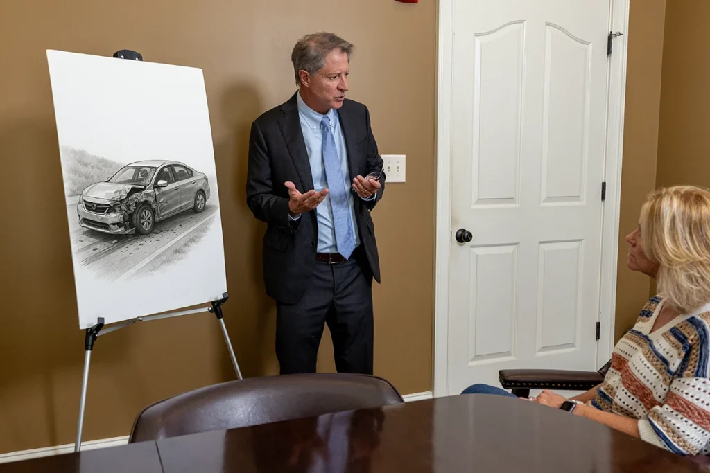 Tom mccutcheon talks with a client about a hit and run accident claim in the conference room.