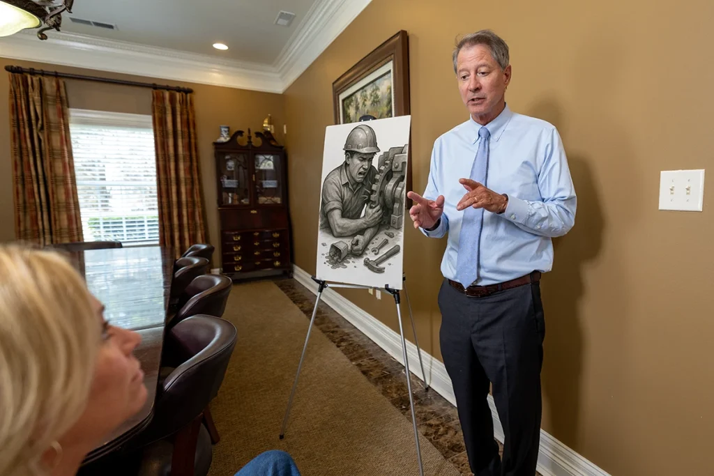 Tom mccutcheon talks with a client about a nerve injury case.