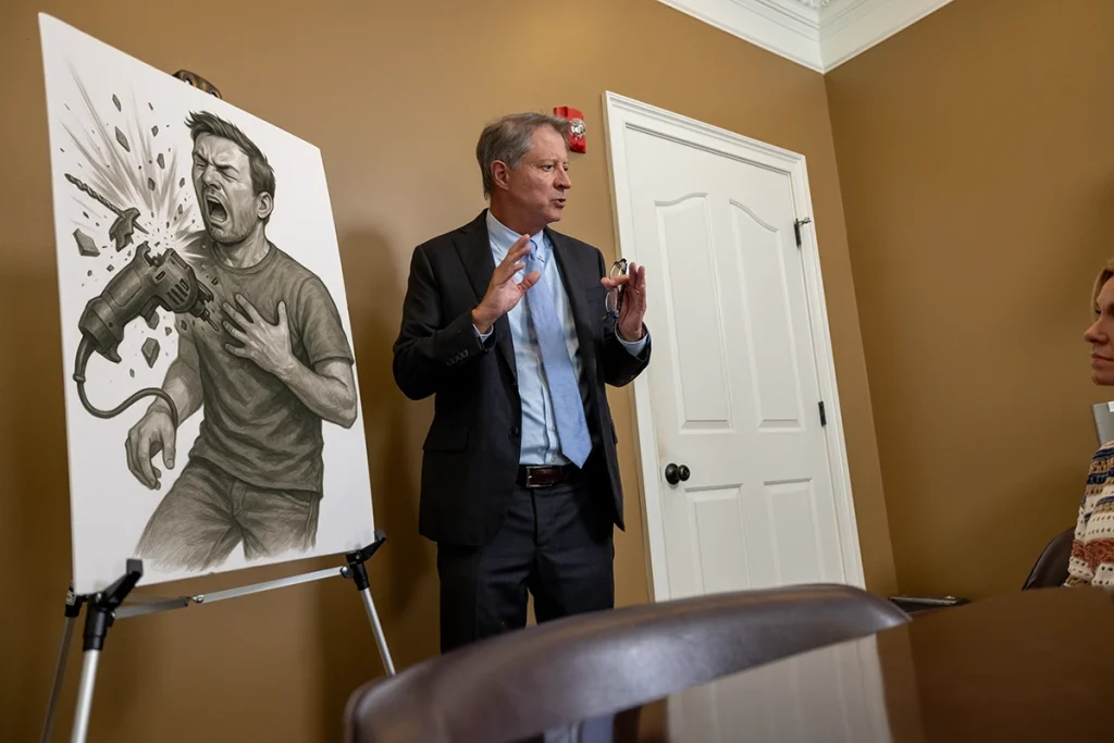 Tom mccutcheon talks with a client about a product liability injury claim.
