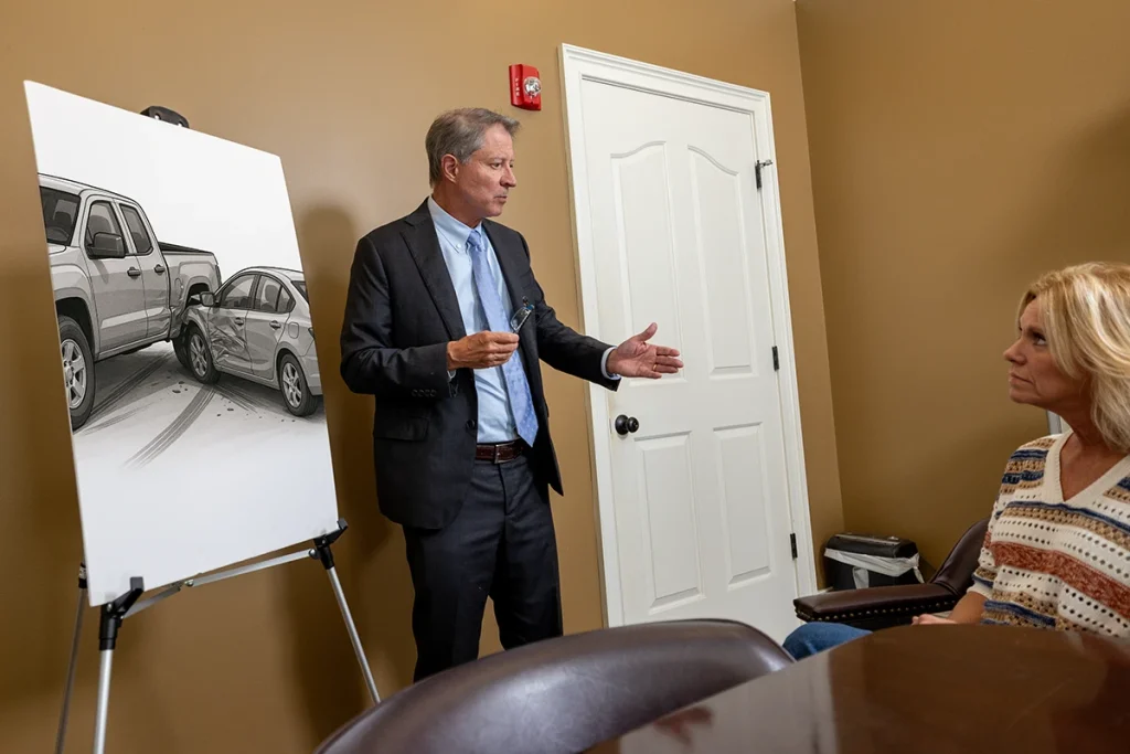 Tom mccutcheon talks with a client about a side swipe accident claim in the conference room.