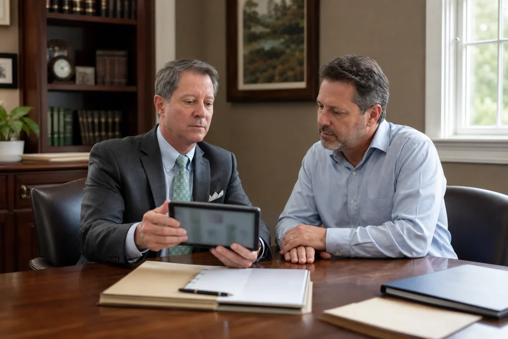 Attorney and homeowner review roof-claim materials during an illustrative insurance consultation