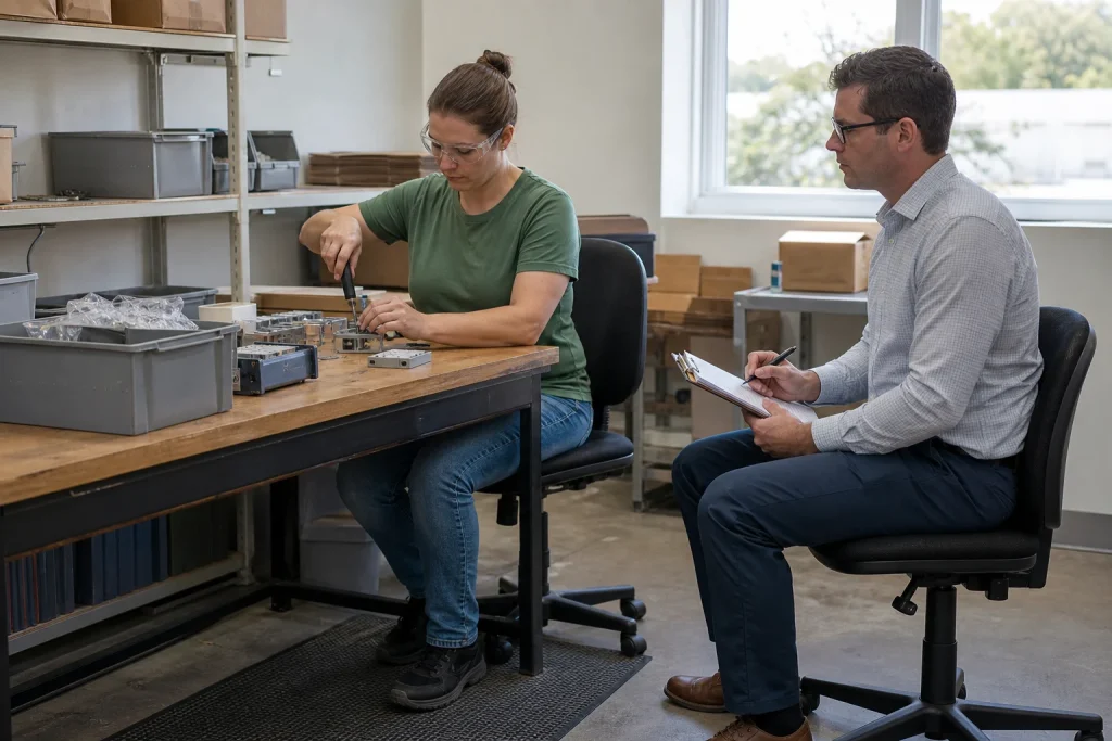 Worker demonstrates repetitive job movements and workstation demands during an intake discussion