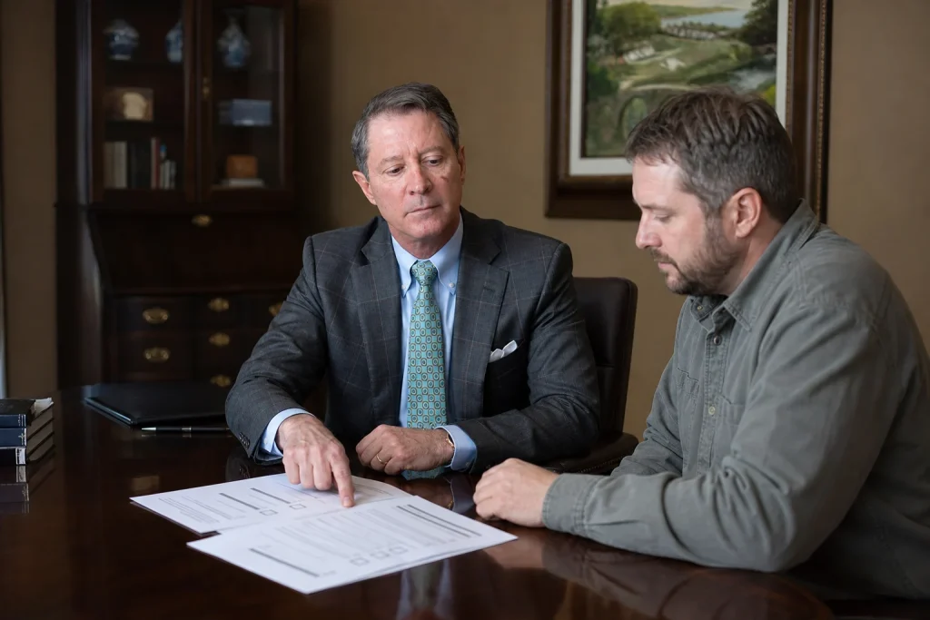 Tom McCutcheon reviews an illustrative injury documentation checklist with a worker
